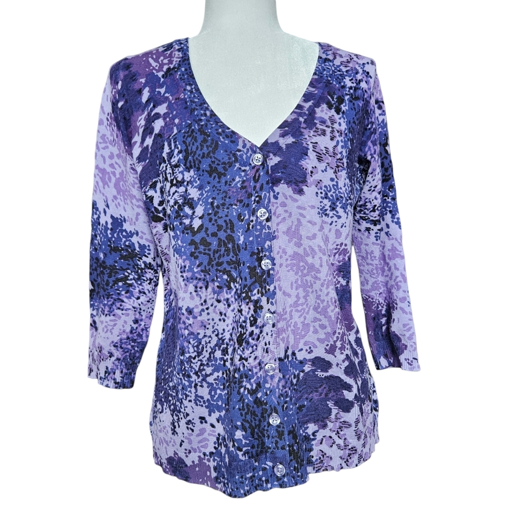 Reitmans purple abstract pattern sweater blouse ¾ sleeve v-neck button down L
